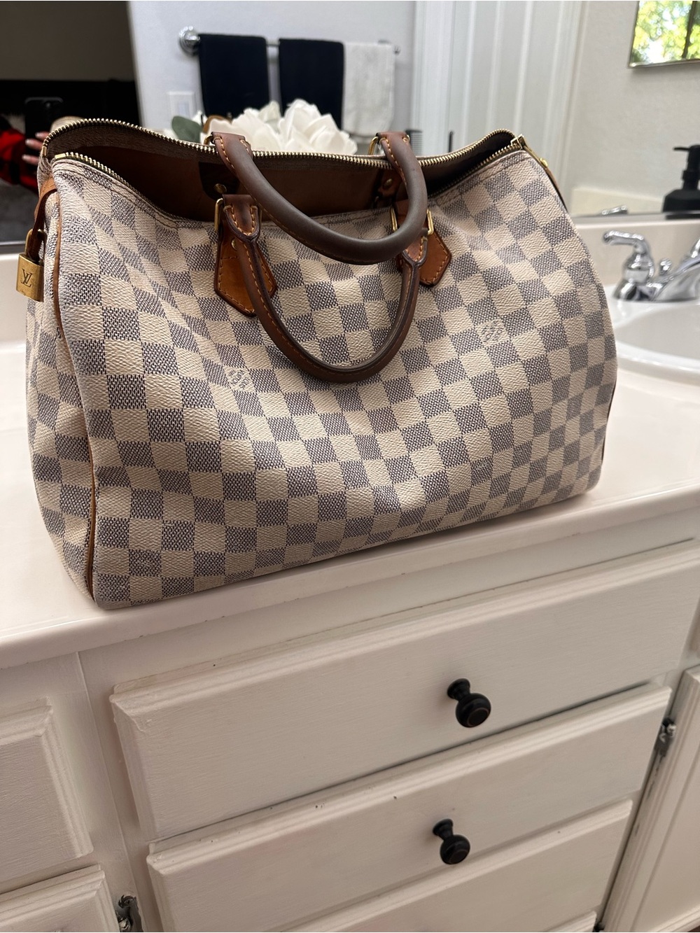 Louis Vuitton Damier Azur Canvas with Brown Leather Trim